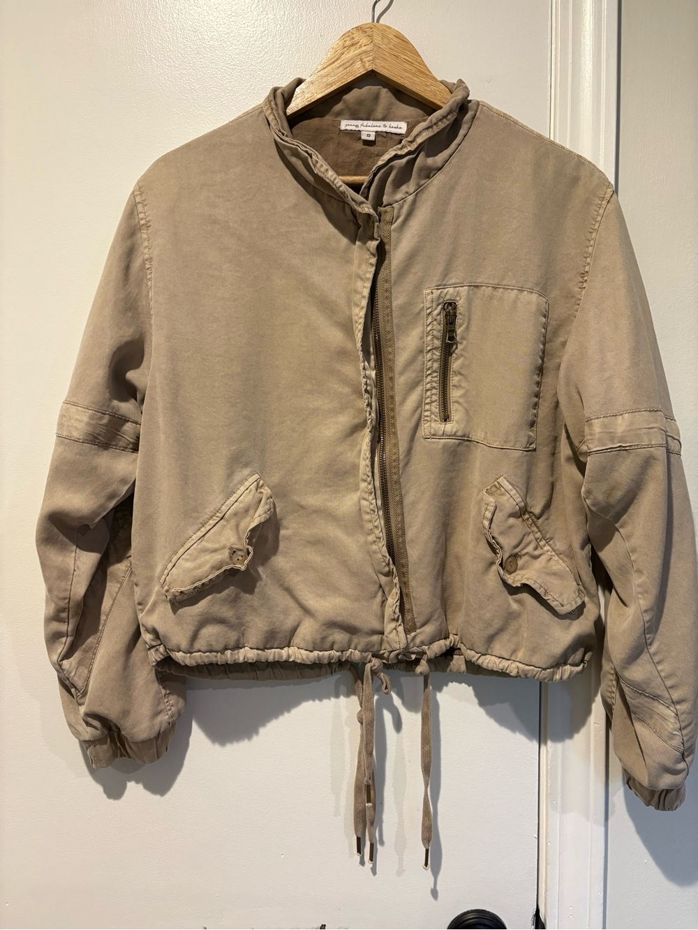 Boho, Y2K Utility Young Fabulous & Broke Beige Drawstring Bomber Jacket